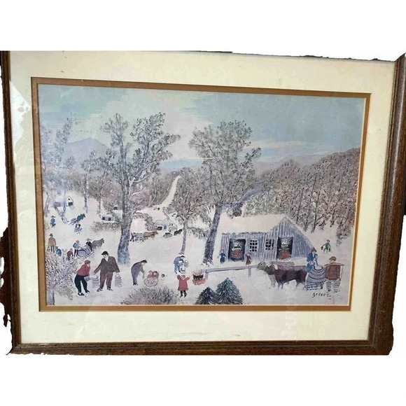 Grandma Moses 22" x 18” Art Framed Sugar Time 1979 Village Family’s Live Time - Picture 1 of 8